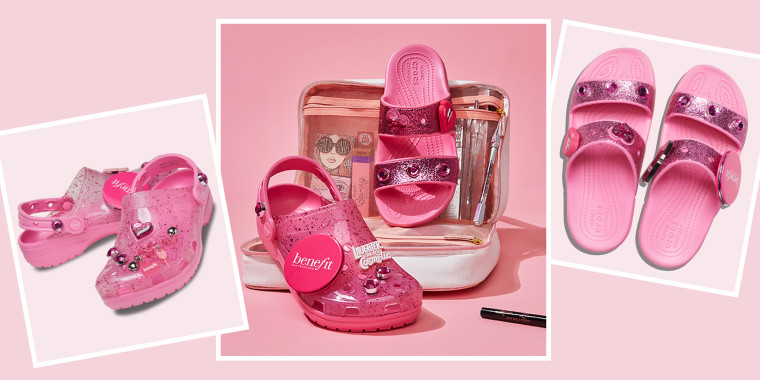 Illustration of two different pink Crocs and a lifestyle of the Crocs, created in collaboration with Benefit Cosmetics
