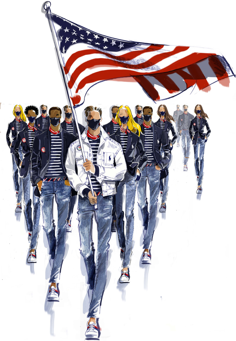 This sketch shows the Ralph Lauren designs for Team USA's opening ceremony look, including the variation for the flag bearer.