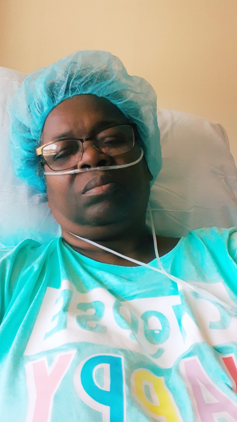 Yvonne Gloston recovering with her oxygen tubes in.