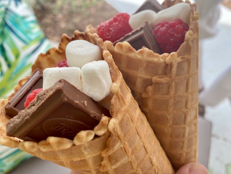 My raspberry-chocolate-marshmallow campfire cones, ready for the air fryer.