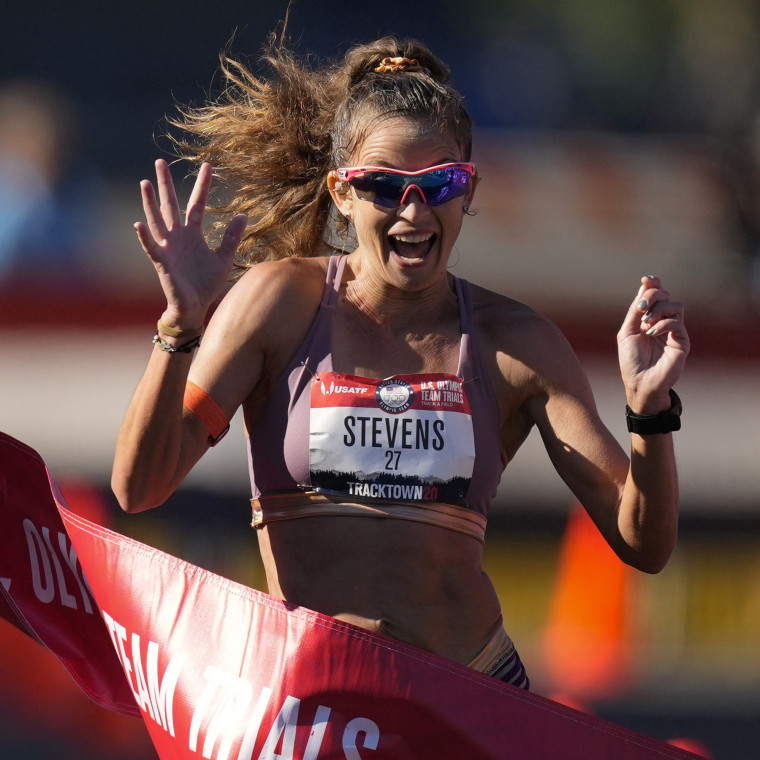 Robyn Stevens celebrates after winning the women's 20,000-meter race walk at the U.S. Olympic Track and Field Trials on June 26, 2021, in Springfield, Oregon.