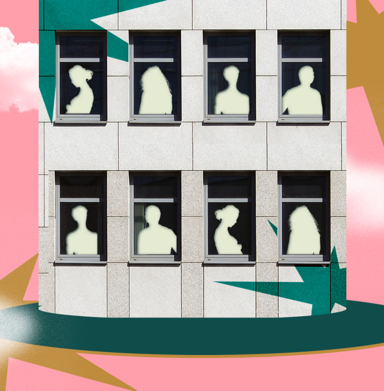 Illustration of office building with empty people's silhouettes