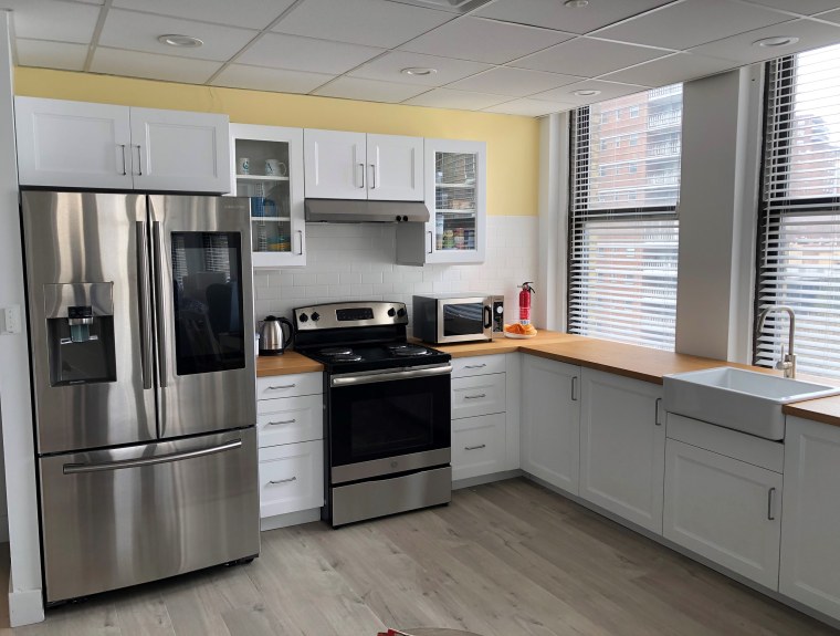 The kitchen features several smart features that may help someone who has Alzheimer’s, including oven burners that don’t get too hot, and a refrigerator that lets caretakers leave reminders and see inside so that they know what’s been eaten and if the food is fresh.