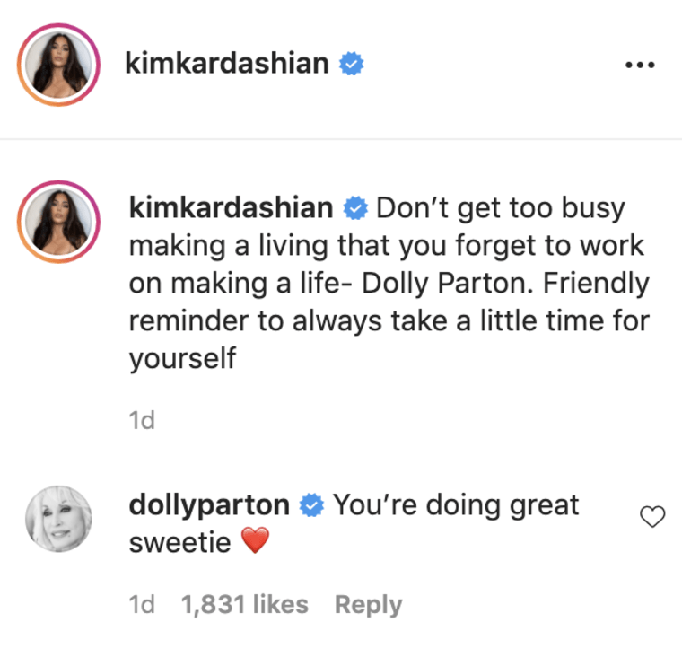 Dolly Parton commented on Kim Kardashian's Instagram.