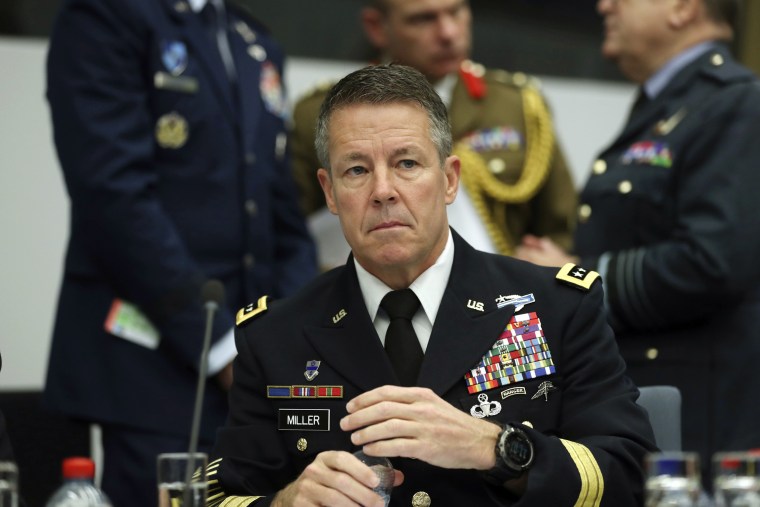 United States Army General Austin Scott Miller waits for the start a meeting of the North Atlantic Council and Resolute Support at NATO headquarters in Brussels, on Dec. 5, 2018.