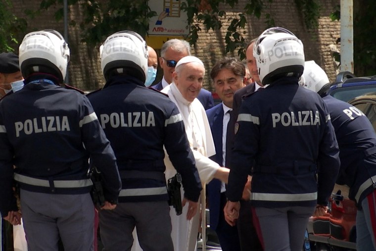 Image:  Pope Francis arrives at the Vatican on Wednesday after being discharged from a Rome hospital.