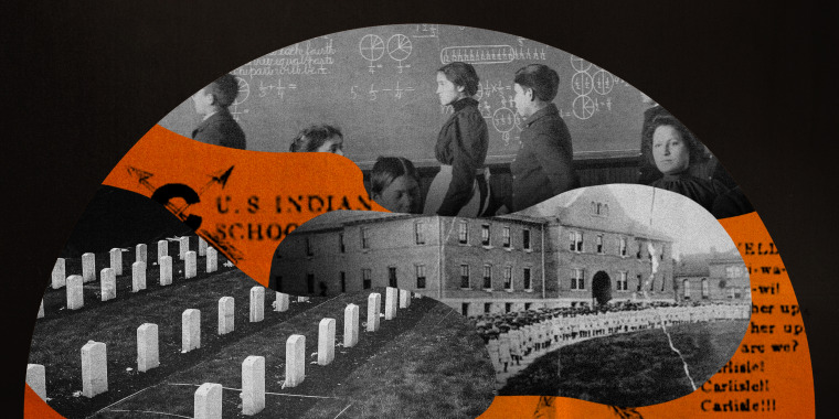 Illustration of archival photos from the Mount Pleasant Industrial School and Carlisle Indian Industrial School, where Native American children were taken to be stripped of their culture and traditions. Deaths were uncovered at both schools.
