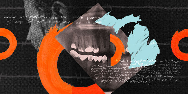 Photo collage: Image of a person looking away, shape of the state of Michigan, a dental x-ray and hand scribbled notes.