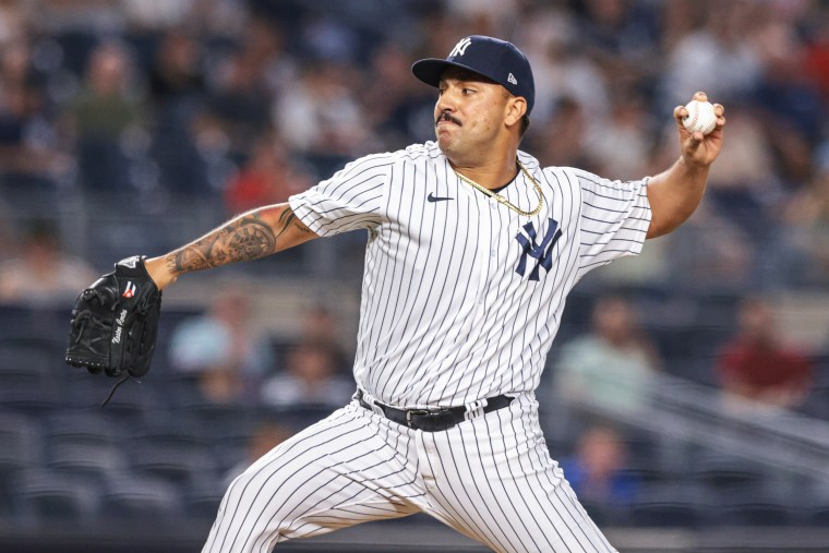 New York Yankees relief pitcher Nestor Cortes delivers a pitch during the seventh inning against the Los Angeles Angels at Yankee Stadium on June 29, 2021.
