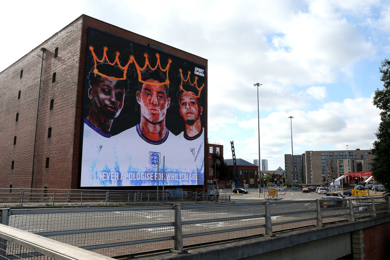 Image: A mural in Manchester created to support of the three England footballers Marcus Rashford, Jadon Sancho and Bukayo Saka