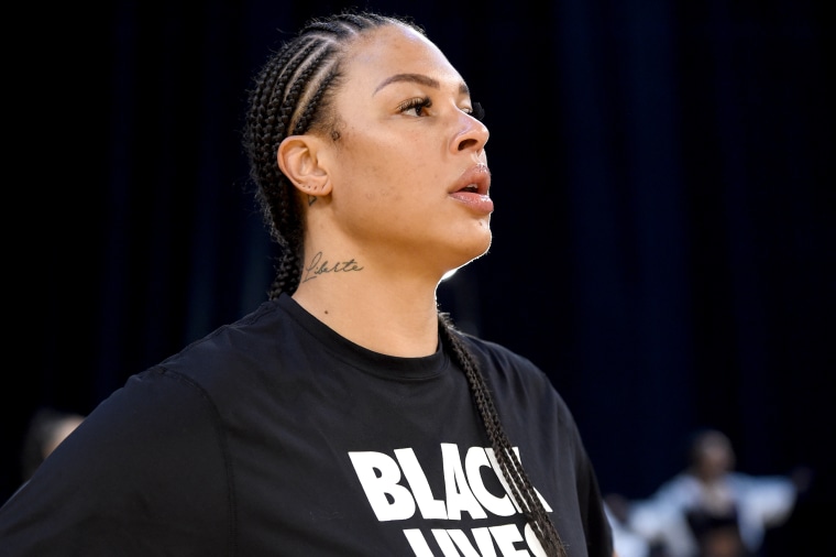 Liz Cambage #8 of the Las Vegas Aces looks on during the game against the Los Angeles Sparks on July 2, 2021 at Los Angeles Convention Center.