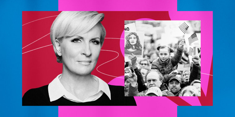 Illustration of MSNBC host Mika Brzezinski and a photo from the Women's March.