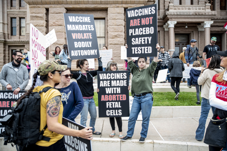 People protest against vaccines in Austin, Texas, on April 18, 2020.