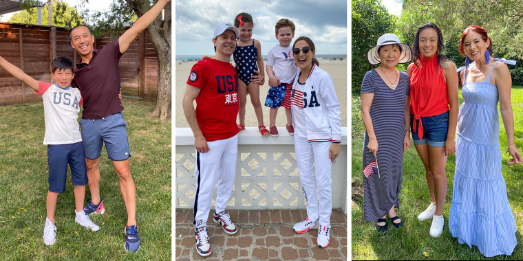 Two families and a father and son wearing Olympic inspired fashion at the beach and in their backyard