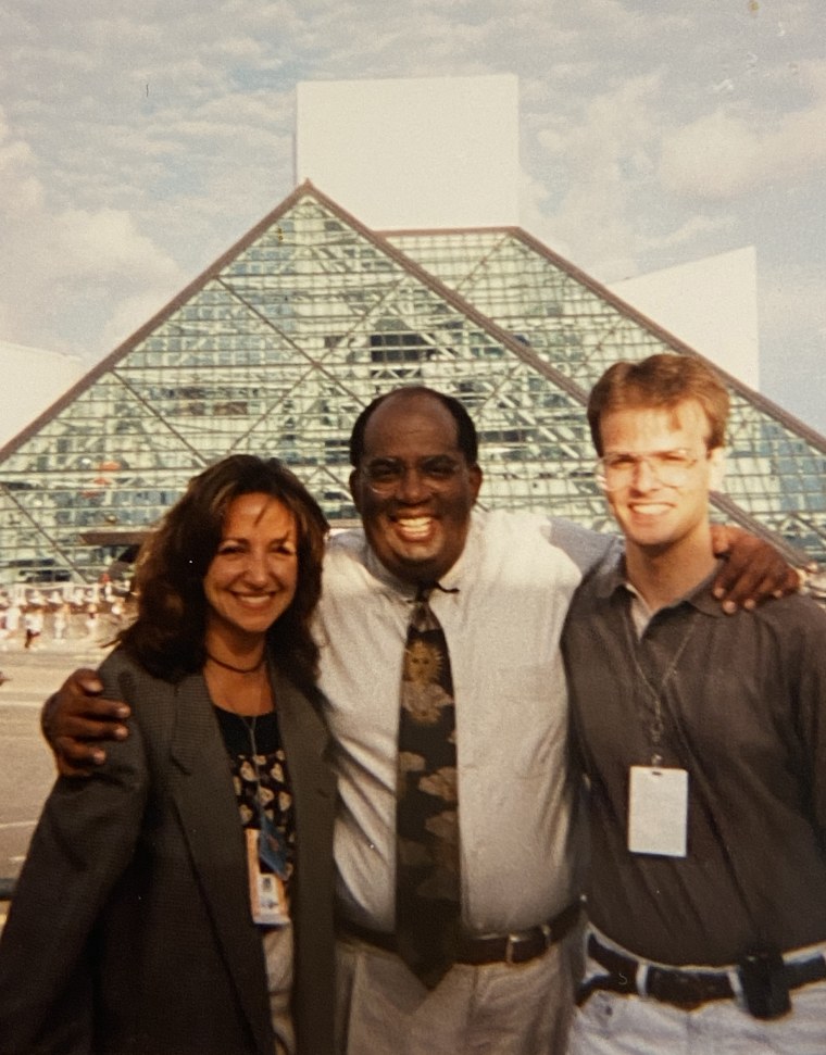 Mathisen with Al Roker and Evan Klupt at the opening of the Rock and Roll Hall of Fame in Cleveland.