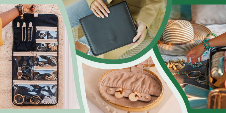 Illustration of three types of Travel cases and pouches for jewelry when you travel and an image of a Woman reaching for her Jewelry as she packs