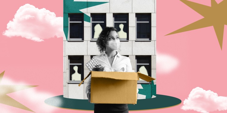 Illustration of woman resigning in front of office building