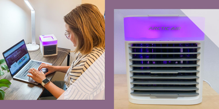 Two images of Editor Emma Stessman next to her portable AC unit, Arctic Chill