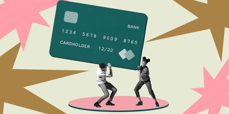 Illustration of two young people carrying a heavy credit card