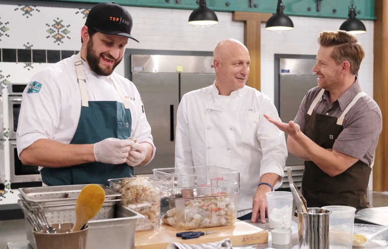 Gabe Erales, Tom Colicchio and Richard Blais on Season 18 of Top Chef