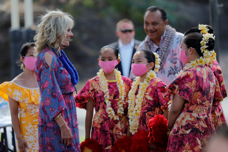 Local children greet first lady Jill Biden in Hawaii.