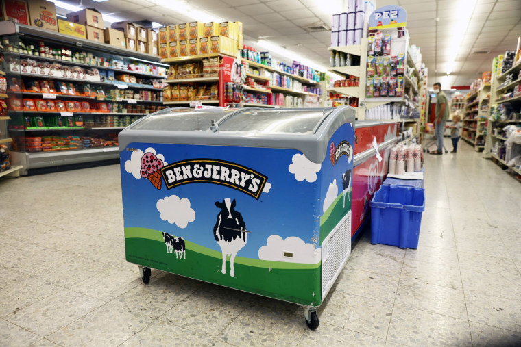 Image: A refrigerator bearing the Ben & Jerry's logo is seen at a food store in the Jewish settlement of Efrat in the Israeli-occupied West Bank