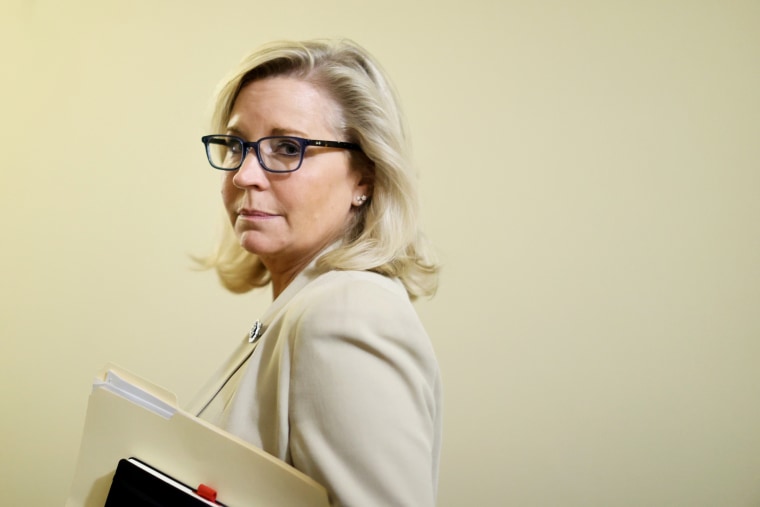 Rep. Liz Cheney, R-Wyo., listens to a reporter's question after a meeting with fellow members of the Select Committee to Investigate the January 6th Attack on the U.S. Capitol on July 1, 2021.