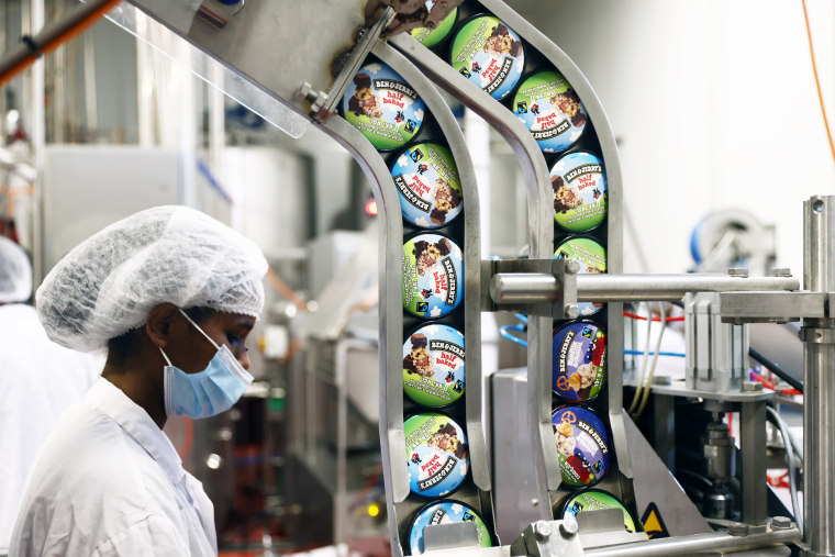 A laborer works at the Ben and Jerry's factory in Be'er Tuvia, Israel, on July 20, 2021.