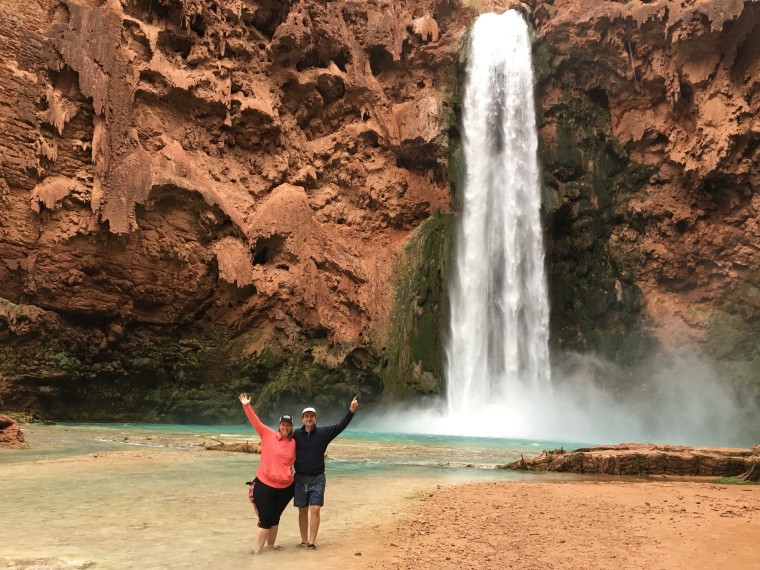 Kara Richardson Whitely, left, at Mooney Falls in Havasupai Canyon