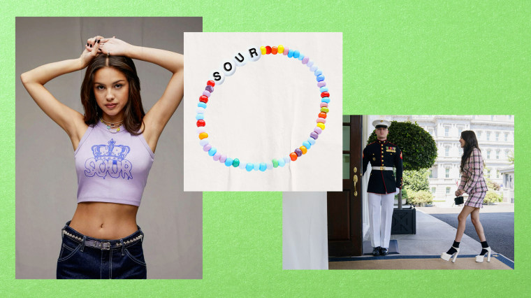 Illustration of Olivia Rodrigo wearing a cropped tee from her merchandise, a "Sour" beaded bracelet, and Olivia Rodrigo visiting the White House.