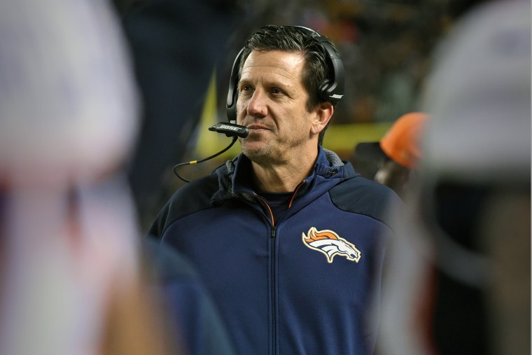 Greg Knapp, then quarterbacks coach of the Denver Broncos, looks on from the sideline during a game in 2015.