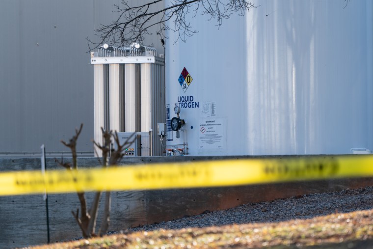 Tanks of liquid nitrogen at the Prime Pak Foods poultry processing plant on Jan. 28, 2021, after a liquid nitrogen leak earlier in the day resulted in six deaths and multiple hospitalizations in Gainesville, Ga.