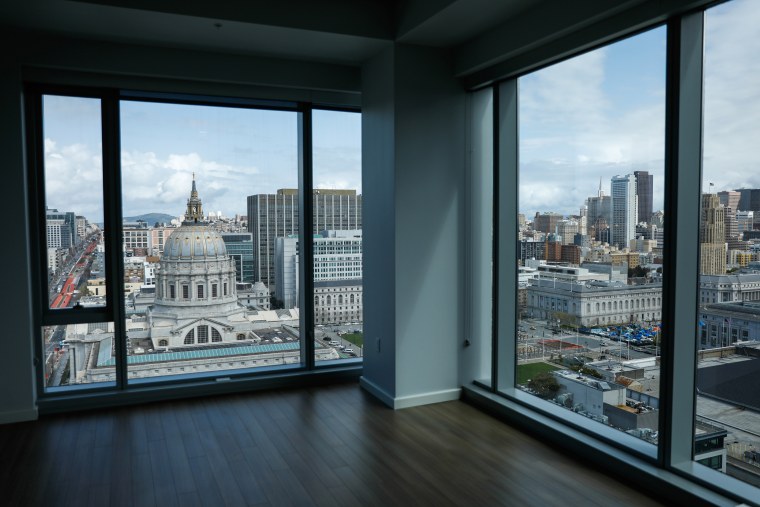 A view of City Hall from one of the open units at the 100 Van Ness apartment building on March 19, 2021 in San Francisco.