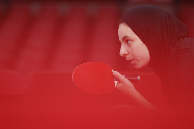 Dina Meshref of Team Egypt competes during her Women's Singles second round match on day two of the Tokyo Games on July 25, 2021.