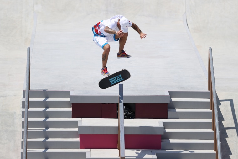 Aurelien Giraud of Team France competes at the Skateboarding Men's Street Finals on day two of the Tokyo Games.
