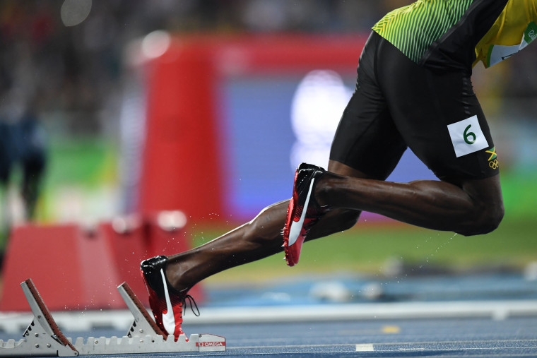 Jamaica's Usain Bolt takes the start of the Men's 200m Final