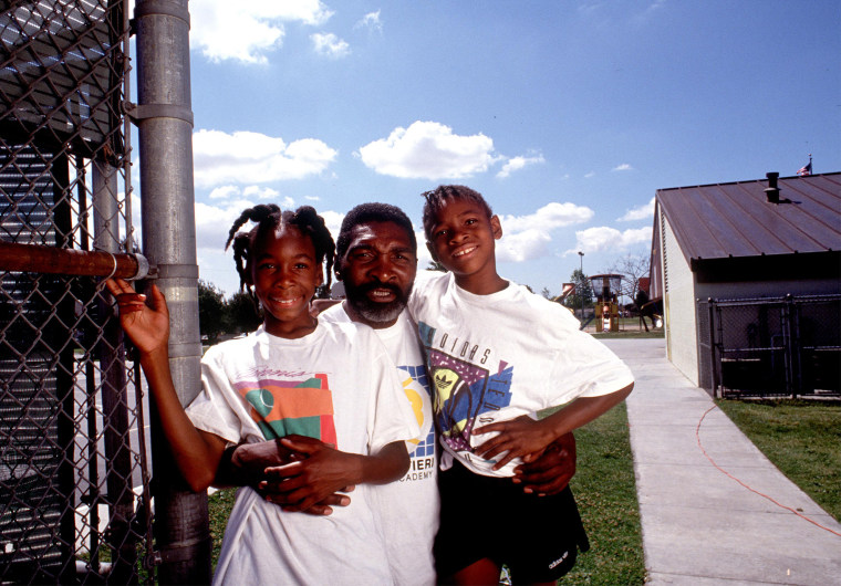 Tennis players Venus and Serena Williams pose in 1991 in Compton