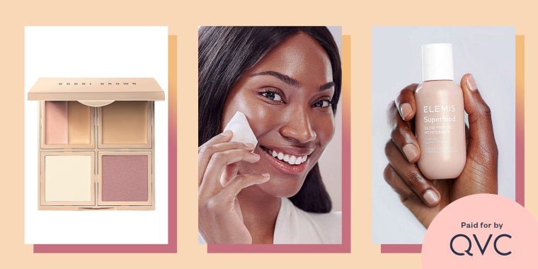 Illustration of Bobbi Brown Essential 5-in-1 Face Palette, Woman using a Lancer Exfoliating Peel Pads with Lactic Acid, and a Woman holding a bottle of ELEMIS Superfood AHA Glow Cleansing Butter
