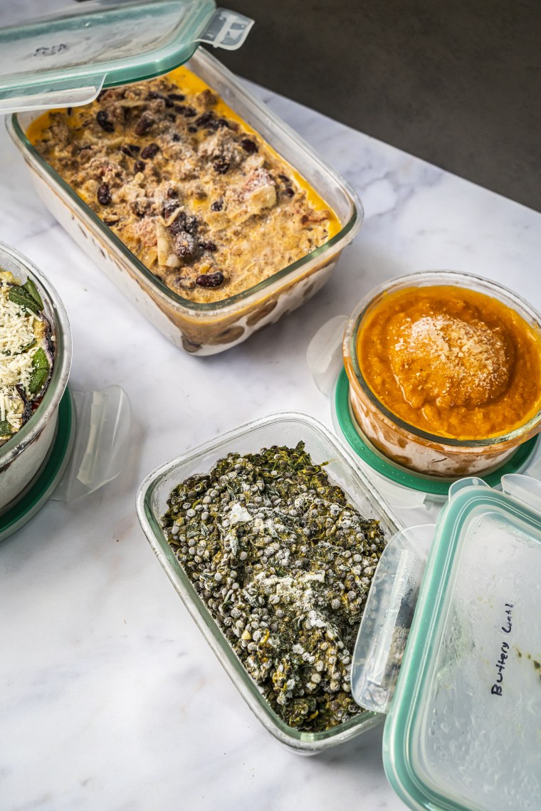 Some one-pot freezer meals: pork chili, carrot ginger soup, buttery lentils with spinach and eggplant Parmesan.