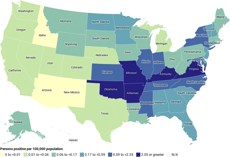 This map shows the number of people per 100,000 population in each state testing positive for antibodies to alpha-gal.