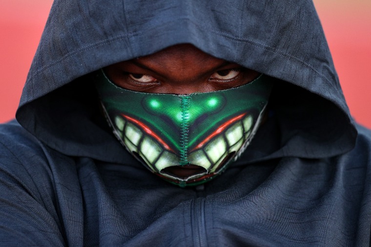 Raven Saunders wears a mask before she competes in the Women's Shot Put Finals.