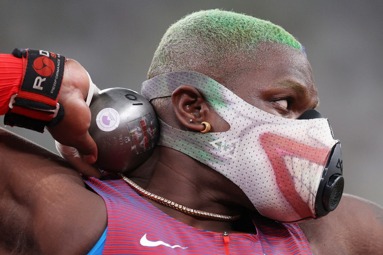 Raven Saunders competes in the Women's Shot Put.