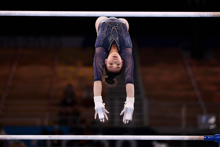 Sunisa Lee in the artistic gymnastics women's uneven bars final.