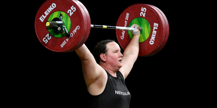 Laurel Hubbard competes in weightlifting in 2018.