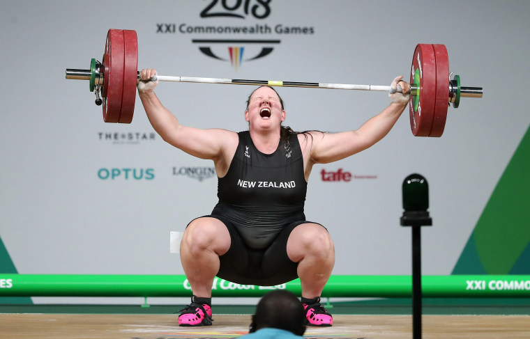 Laurel Hubbard of New Zealand competes in a Weightlifting final in 2018.