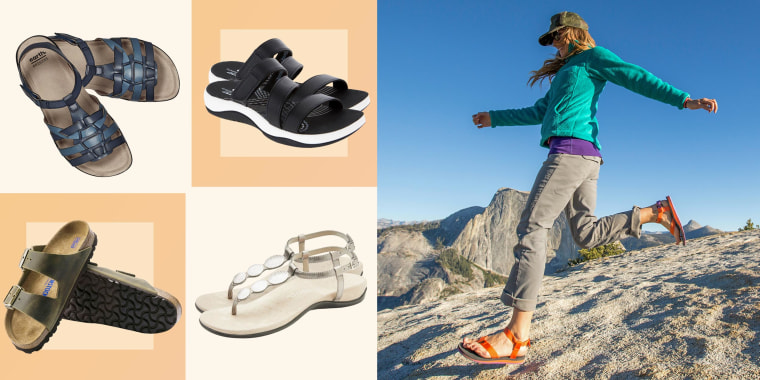 Illustration of four arch support sandals and a Woman hiking in sandals/