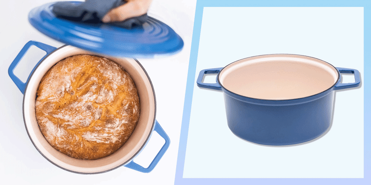 GIF Illustration of an open and close dutch oven in blue, from Misen and a hand opening the dutch oven