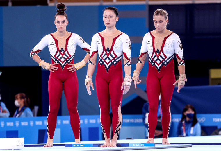 Kim Bui, Pauline Schaefer and Elisabeth Seitz of Germany during the artistic gymnastics women's qualification during the Tokyo Olympic Games at the Ariake Gymnastics Centre in Tokyo on July 25, 2021.