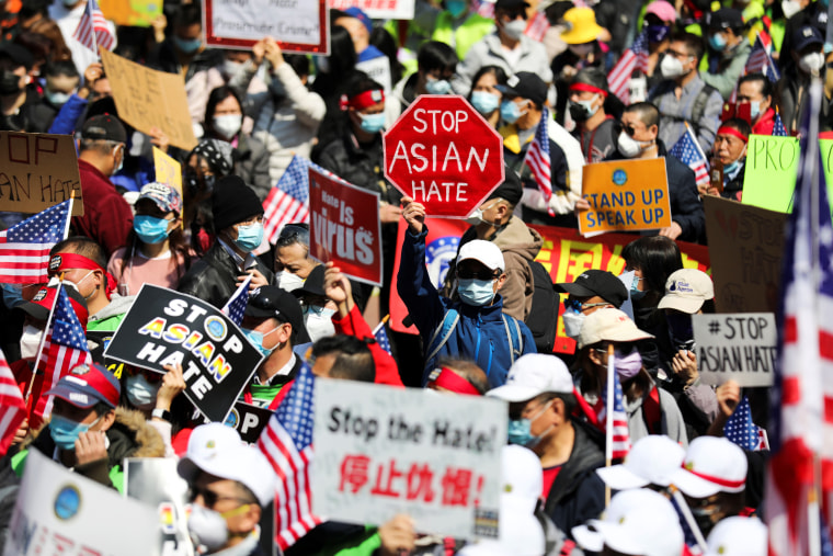People rally to protest against anti-Asian hate crimes in New York on April 4, 2021.