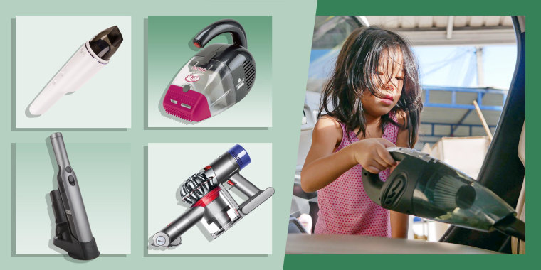 Illustration of a little girl vacuuming a car with a handheld vacuum and four different handheld vacuums